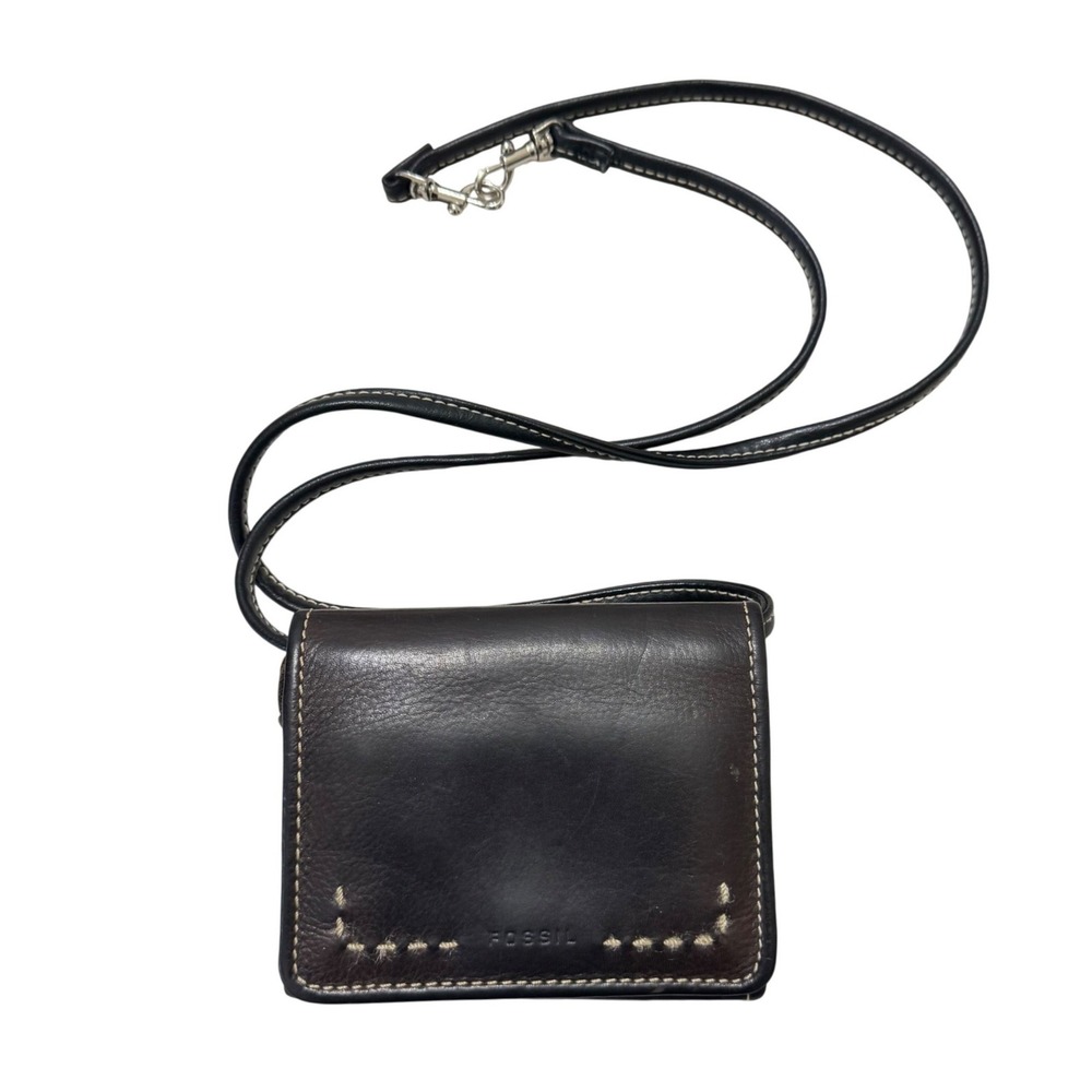 Fossil Wallet Crossbody Bag Womens Small Dark Brown Leather Good Whipstitch - Picture 1 of 11